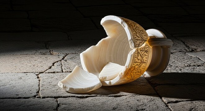 A broken alabaster vessel lies discarded on its side atop a weathered and cracked stone floor in a quiet room with soft dramatic lighting, cracked, marble, vintage
