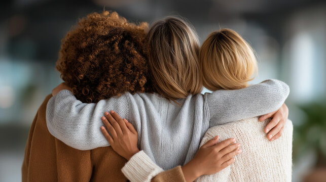 Rear view of a diverse female friendship group hugging each other during a support therapy session, sisterhood mental health concept, women's peer support, emotional solidarity in group,