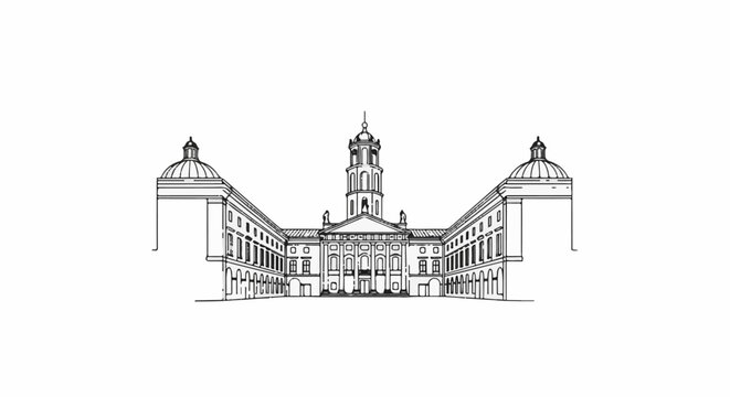Symmetrical architectural drawing of a grand building with a central tower and domes