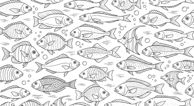 Fish hand-drawn set with various species and underwater elements featuring aquatic, marine life, sea creatures with ocean and illustration elements