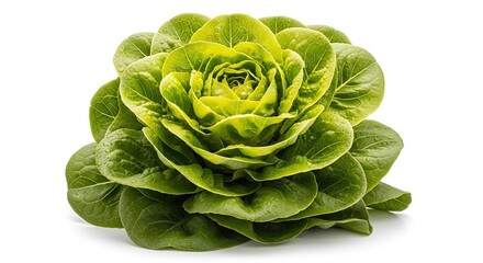 Obraz premium A crisp head of organic green leaf lettuce positioned on a plain white background, featuring vibrant textures and natural garden freshness, background, farm, diet