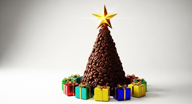 A creative Christmas tree made of roasted brown coffee beans decorated with a golden star and surrounded by vibrant small gift boxes, texture, festive, winter