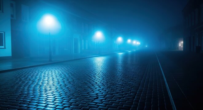 A deserted cobblestone street at night is swathed in thick fog and a haunting blue glow, casting long shadows in an eerie, dark setting, moody, luminescence, silence