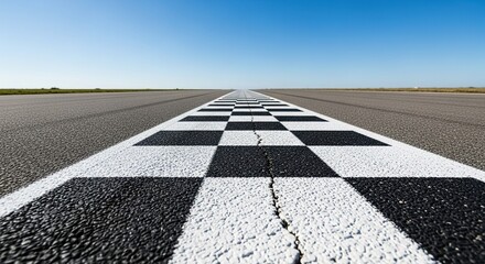 Fototapeta premium A dramatic low angle view of a black and white checkered finish line painted on a textured asphalt race track under bright daylight, pattern, final, success