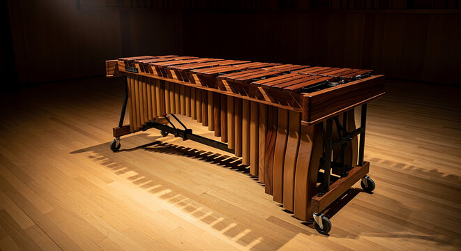 Wooden marimba instrument on stage in concert hall background.