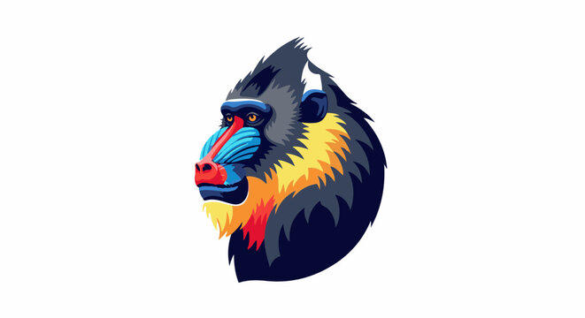 Stylized profile portrait of a vibrant, colorful mandrill head