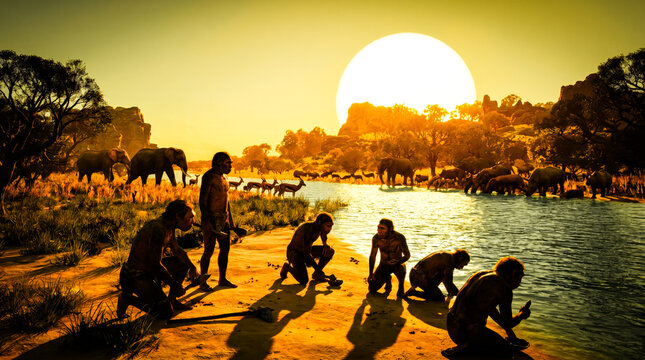 Scientific Reconstruction of Early Human Ancestors and Distant Wildlife Drinking and Gathering at a Water Hole in the Ancient African Plains During a Vibrant Golden Sunset Featuring Australopithecus I