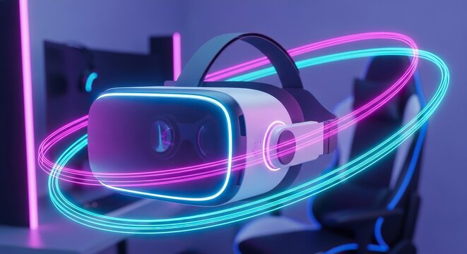 A futuristic virtual reality headset glows amidst vibrant neon lighting and dynamic motion trails within a high-tech gaming sanctuary setup, bokeh, vibrant, motion