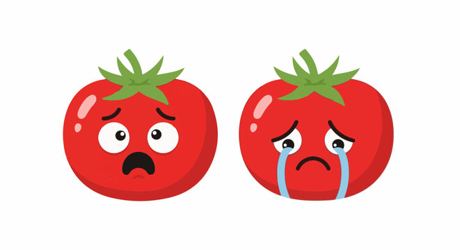 Two cartoon tomatoes with sad, distressed, and tearful expressions