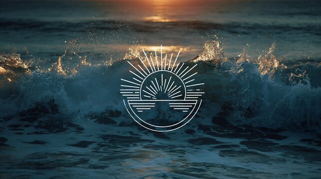 Sunlight streams through ocean waves at dawn or dusk, creating a boho logo design.