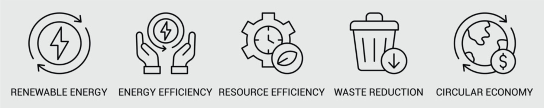 Green Energy and Resource Efficiency Web Icon Set Vector Illustration Concept with Icons of Renewable Energy, Energy Efficiency, Resource Efficiency, Waste Reduction, and Circular Economy