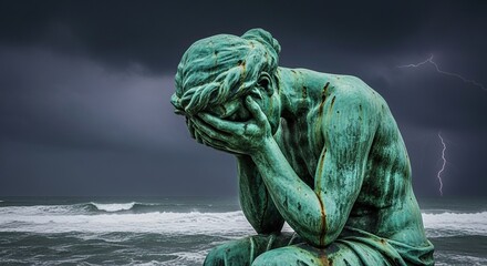 Fototapeta premium A green oxidized metal monument bows its head in sorrow, covering its face with weathered hands against a dark and stormy ocean backdrop, sadness, regret, clouds