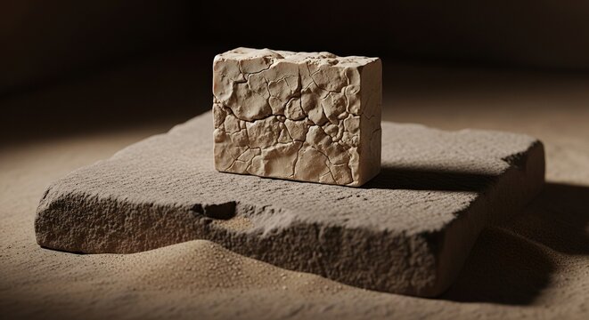 A handcrafted block of ancient textured soap resting on a weathered stone slab inside a dimly lit monument with sand scattered around, history, ancient, vintage