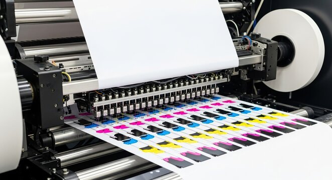 A high-quality industrial inkjet printer precisely applying colorful ink onto a wide paper roll during a professional printing process, bright, printing, cyan