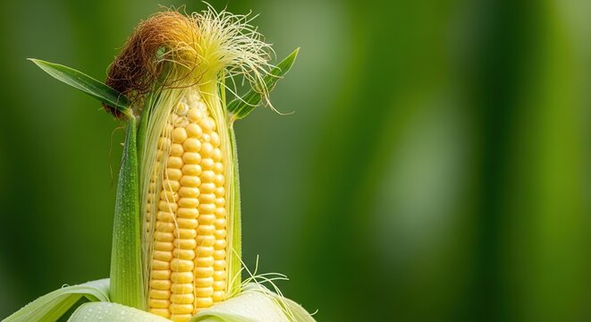 A high-detail macro shot of fresh sweet corn cobs still wrapped in vibrant green husks, showing natural textures, silk, and farm freshness, abundance, vitamin, grain