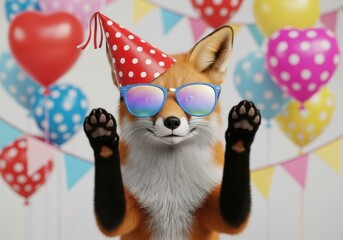Fototapeta premium Cheerful fox wearing a polka dot party hat and colorful sunglasses poses against a festive background with balloons.
