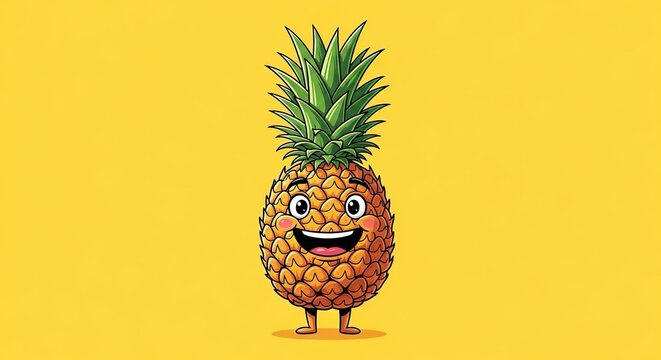 A joyful pineapple character with a friendly smile and green leaves stands out against a vivid yellow backdrop in this playful illustration, friendly, graphic, creative