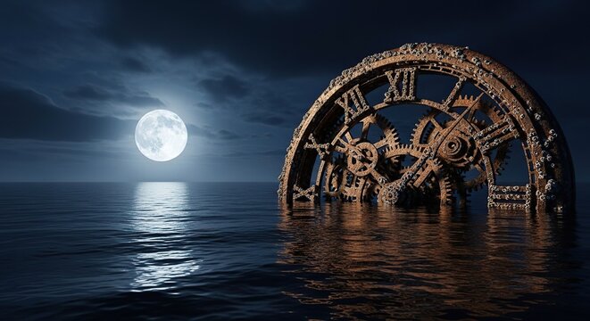 A large ancient timepiece floats partially submerged in vast black ocean waters beneath a heavy moonlit sky at the far dark horizon line, foggy, haunting, stillness