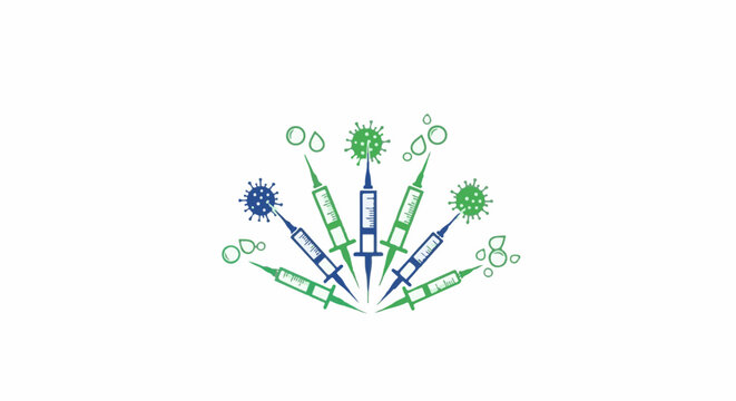 Syringes and virus particles arranged in a fan shape