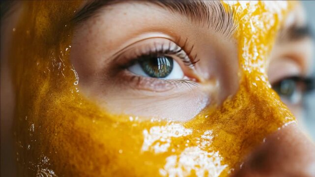 Yellow facial mask covering the face except for one eye, highlighting beauty and skincare routines.