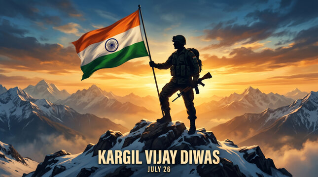 Kargil vijay diwas vector illustration with brave soldier silhouette holding Indian flag on snowy mountain peak at sunset for bravery day banner
