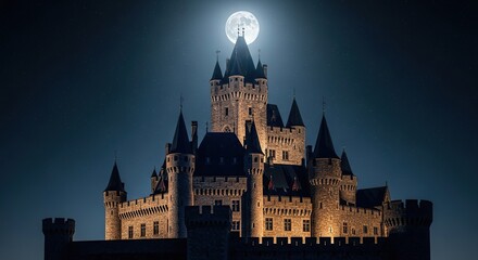 Fototapeta premium A majestic medieval stone castle stands tall under a dark starry sky with a glowing full moon casting silver light on ancient high towers, mountain, scenery, dramatic