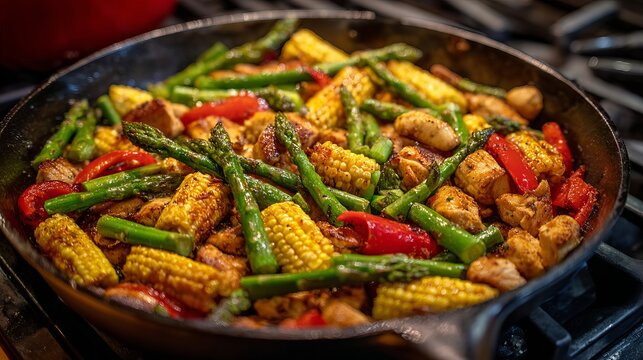 Cooking chicken, corn, peppers, and asparagus over heat.