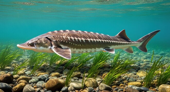 A massive prehistoric sturgeon glides through the clear freshwater currents of a natural riverbed over smooth stones and flowing plants, nature, prehistoric, habitat