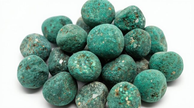 Pile of rough green mineral stones with natural texture. Unpolished gems are scattered, showing rough uncut raw formations for craft or decor.