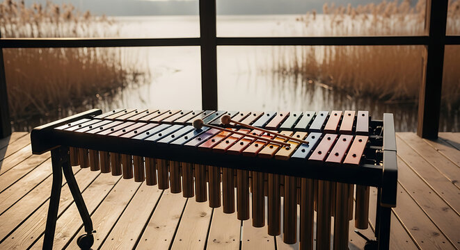 Xylophone on deck overlooking lake, reeds, serene musical scene