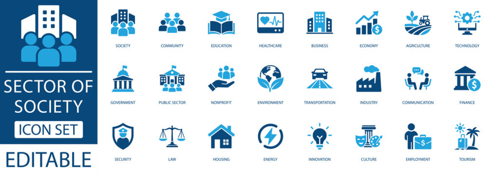 Sector of Society icon set. Covers Government, Education, Healthcare, Finance, Industry, and Infrastructure for social and economic concepts. By Pixel Flat Design