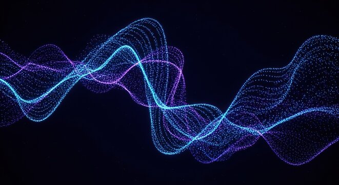 A mesmerizing flow of radiant blue and deep purple particles swirling in a dark void, creating dynamic energy patterns and fluid motions, abstract, transition, light