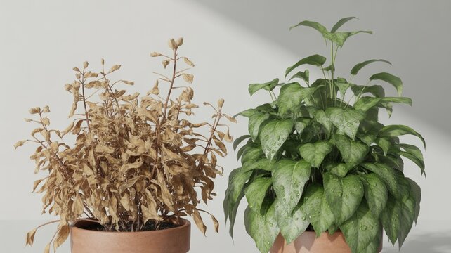Before And After Houseplant Revival, Dried Dead Plant Restored Into Fresh Green Healthy Indoor Plant