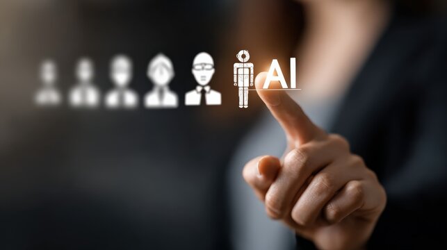 A professional points to AI symbol in a blurred people queue, exploring themes of technology, career and future. ..Created with Generative AI, not depicting real subjects.