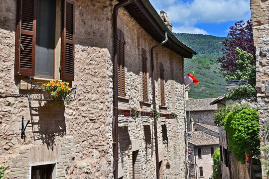 Spello, case, palazzi, vicoli e scorci del centro storico, Umbria, Italia