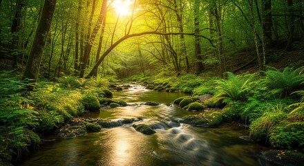 Obraz premium A peaceful stream winds through a lush green forest as warm golden sunlight filters through the canopy, creating a calm and serene scene, rural, creek, solitude