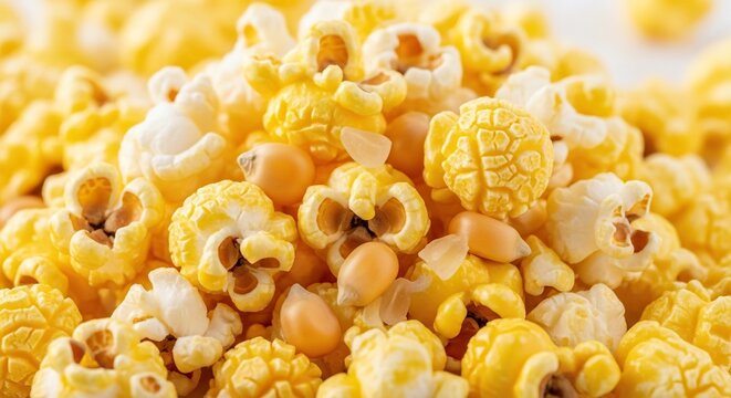 A pile of freshly popped corn kernels with various shapes and textures, featuring a golden yellow hue and crisp details for a tasty snack background, yellow, salty, overhead