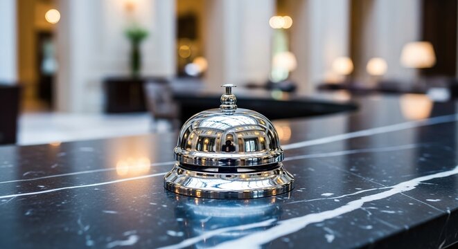 A polished silver service bell sits on a dark marble counter in a luxury hotel lobby, reflecting soft ambient light from the grand room, travel, tourism, antique
