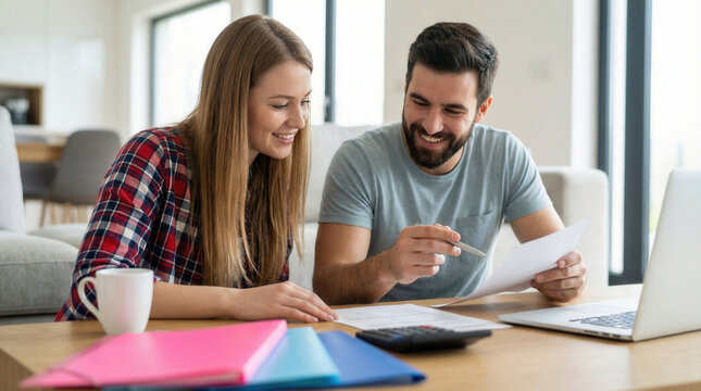Budget family couple finance calculator document young adult home laptop, happy family couple. Calculating budget family monthly finance planning, savings, responsibility, management