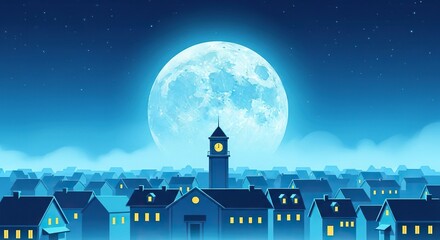 Obraz premium A quiet town rests under a glowing full moon, featuring soft blue hues, twinkling stars, and peaceful architecture amidst a misty sky, light, buildings, nature