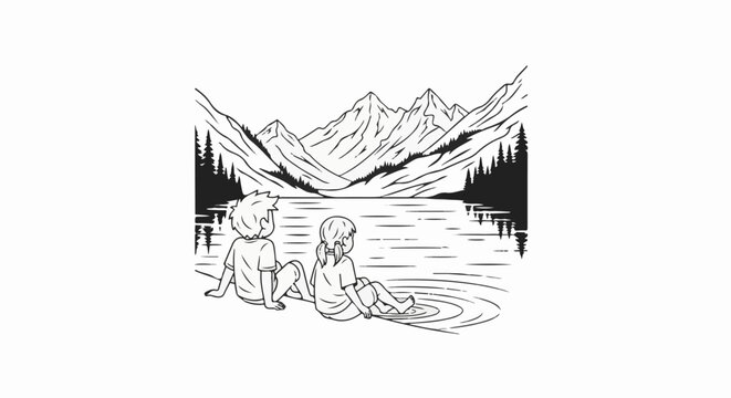 Two children sit by a lake with mountains and trees in the background