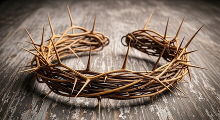 Fototapeta premium A rustic crown crafted from twisted woody stems featuring long sharp thorns rests solemnly upon a weathered dark wooden background texture, artifact, belief, rustic