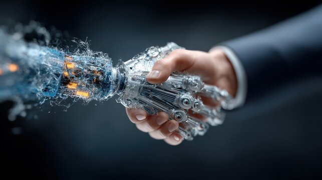 A unique collaboration between human and machine, symbolized by a handshake, embodies future possibilities and technological advancement. ..Created with Generative AI, not depicting real subjects.