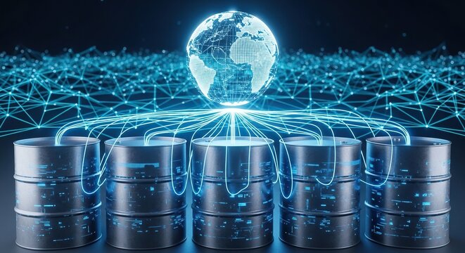 A row of industrial steel barrels glowing with digital blue data lines connecting to a holographic globe and a complex networking light grid, futuristic, energy, economy