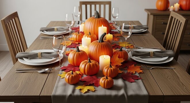 A rustic wooden dining table decorated with orange pumpkins, autumn leaves, glowing candles, and a linen runner for a festive fall meal, autumn, plate, cottage
