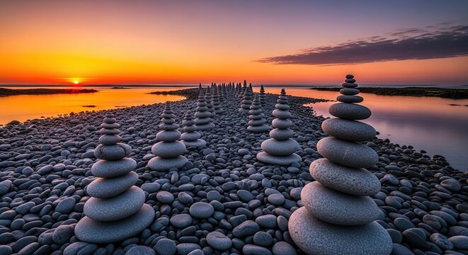 A serene trail of balanced stone cairns winds along a rugged shoreline, where grey smooth pebbles meet the calm ocean waters at sunset, grey, beach, geological