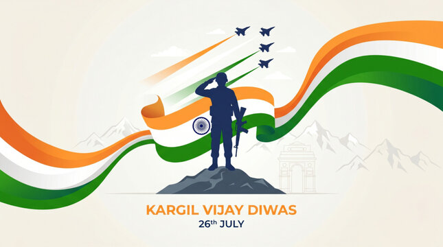 Saluting Army Soldier Silhouette Standing on Mountain With Waving Indian Flag and Fighter Jets for Kargil Vijay Diwas Celebration Banner Vector

