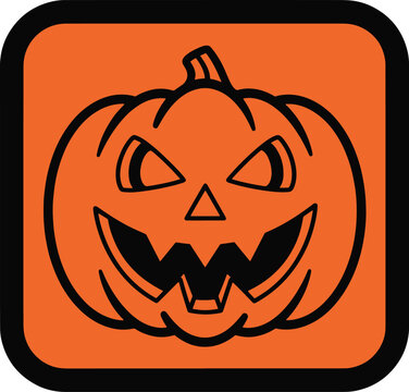 Jack o lantern face on orange square icon with rounded corners and black border