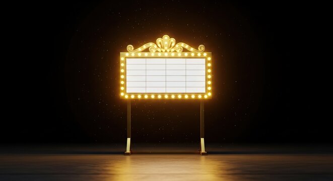 A shimmering golden marquee stand sits prominently on a dark theater stage, illuminated by glowing light bulbs and sparkling dust particles, treasure, glitter, competition
