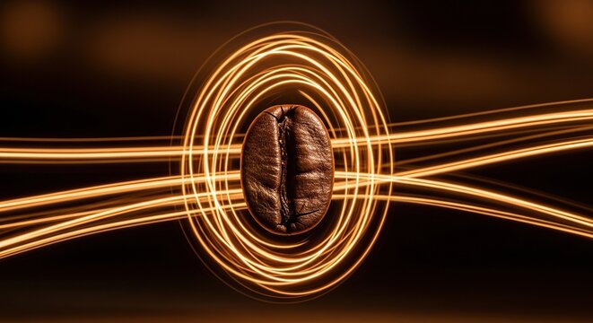 A single dark roasted coffee bean enveloped in elegant swirling patterns of bronze and amber light, creating a cinematic and artistic macro, light, macro, kitchen
